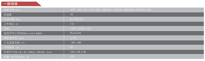 海能达TC-700防爆对讲机一般规格